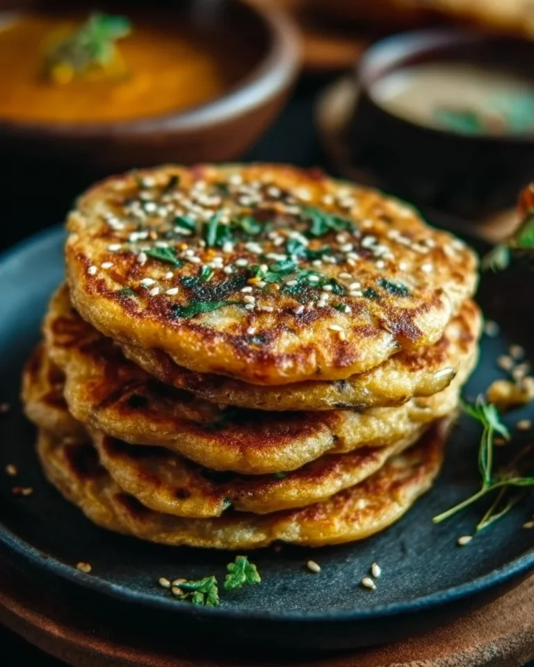 Savory red lentil pancakes served on a plate with garnish