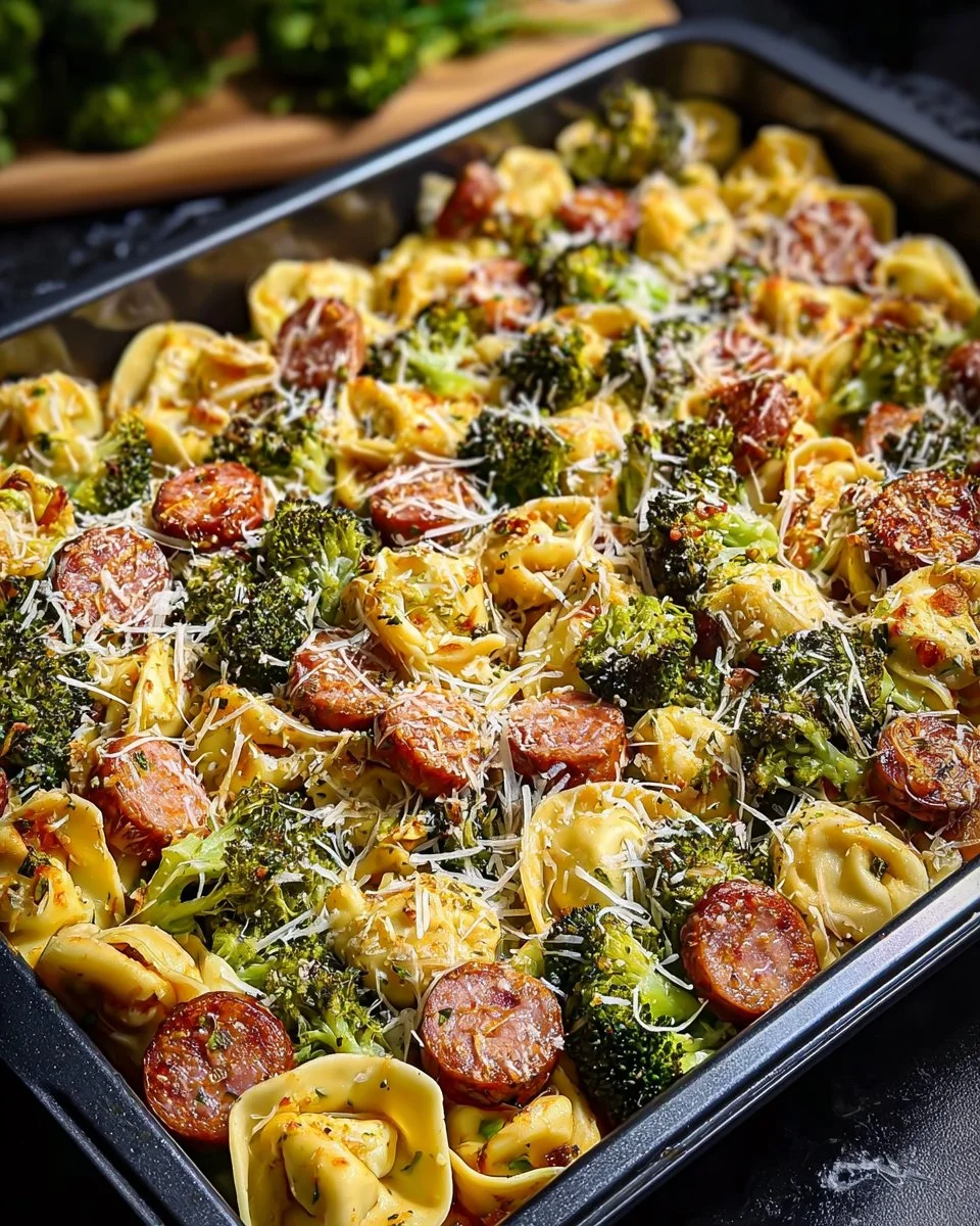 Sheet Pan Broccoli Tortellini Bake with fresh ingredients and melted cheese