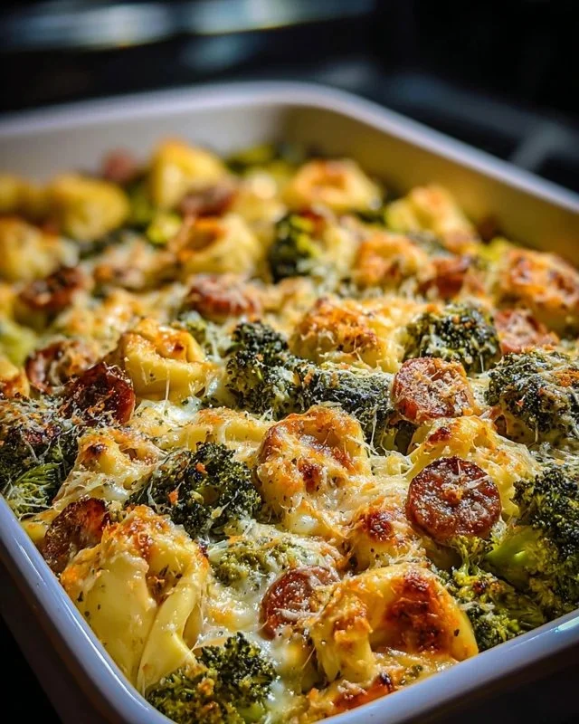 Sheet pan broccoli tortellini bake topped with cheese and fresh herbs