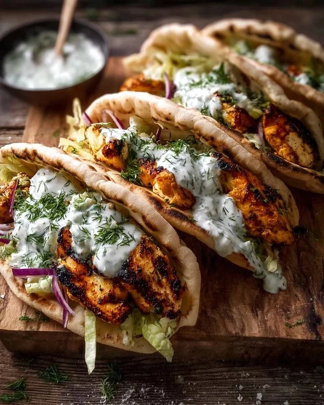 Delicious Sheet Pan Chicken Pitas with Herby Ranch served on a wooden platter.