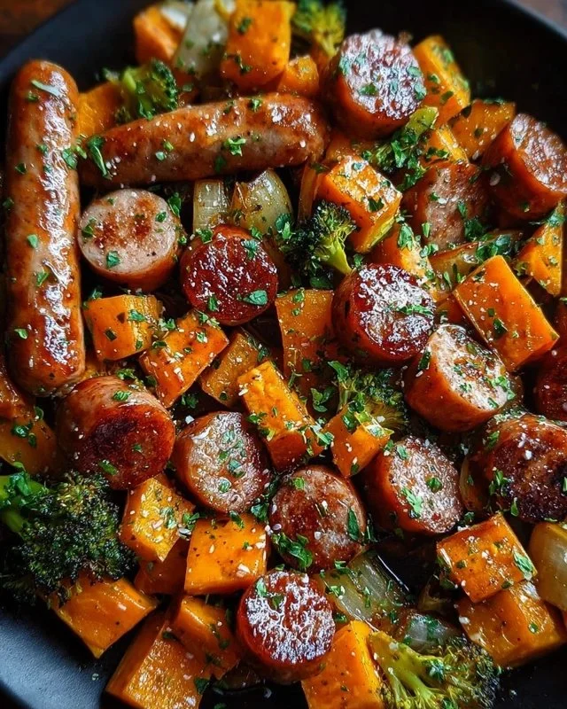 Sheet pan sausage and sweet potatoes with honey garlic sauce on a baking tray