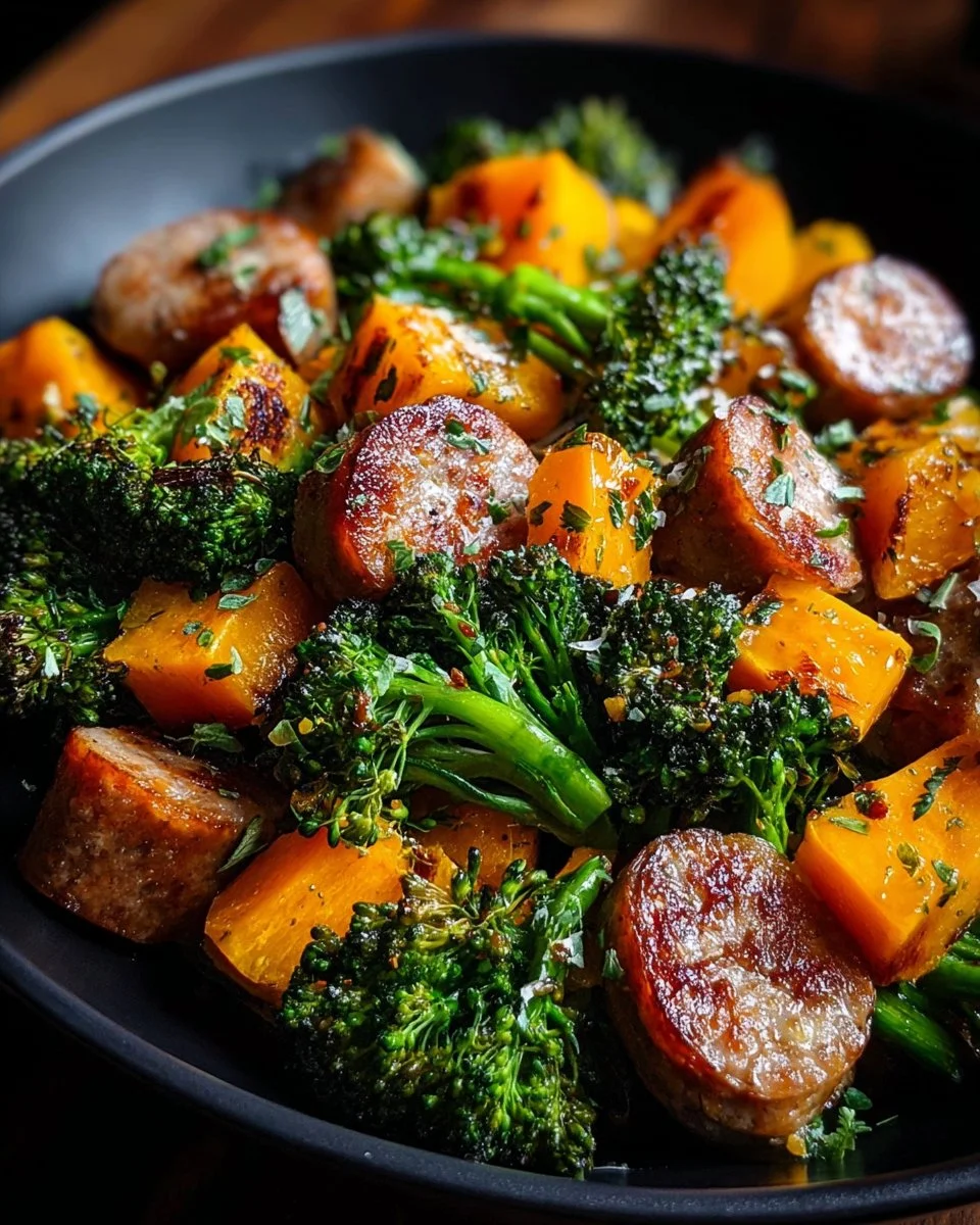 Sheet pan sausage and sweet potatoes drizzled with honey garlic sauce