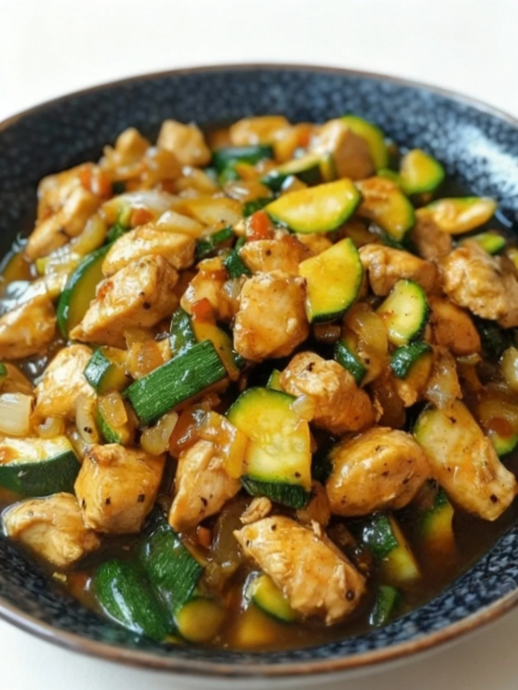 Delicious chicken zucchini stir fry with colorful vegetables in a skillet