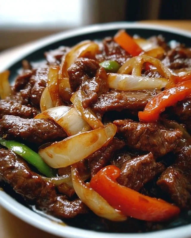 Sizzling Chinese Pepper Steak with Onions served on a plate