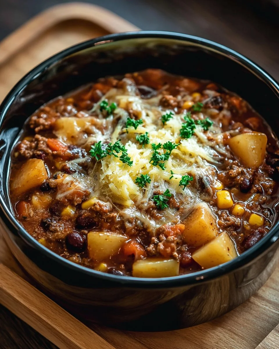 Delicious Slow Cooker Cowboy Casserole in a serving dish garnished with herbs