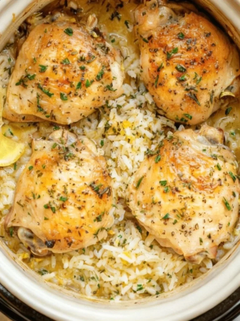 Slow Cooker Lemon Herb Chicken served with fluffy rice on a plate