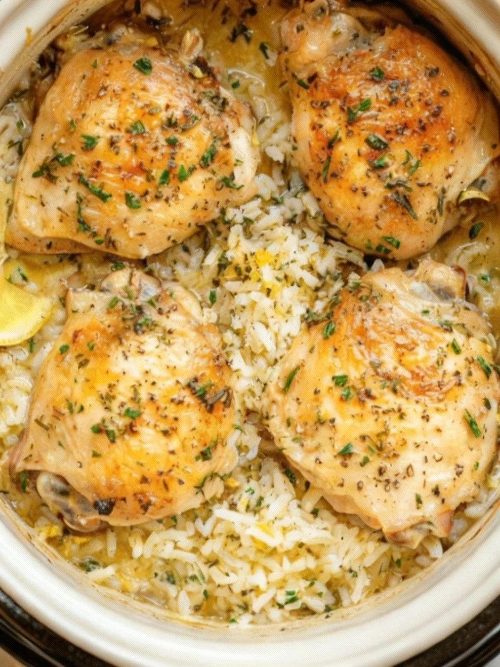 Slow Cooker Lemon Herb Chicken served with fluffy rice on a plate