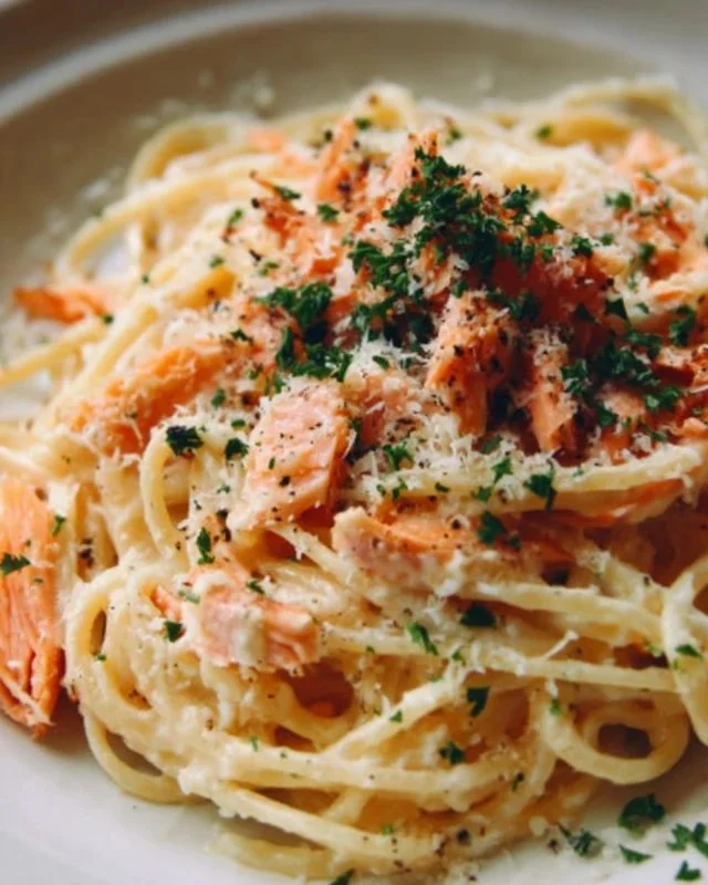 Plate of smoked salmon carbonara with creamy sauce and pasta