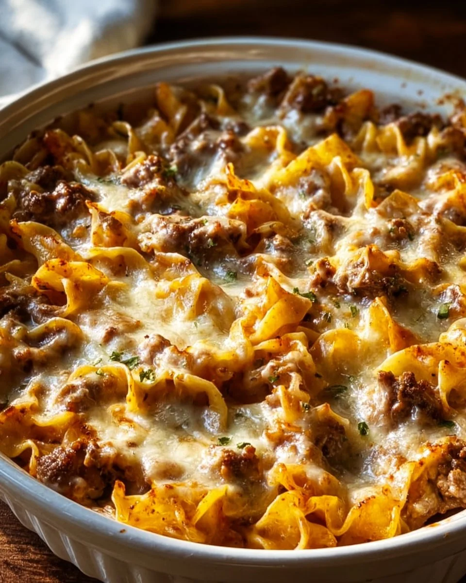 Sour Cream Beef Noodle Casserole served in a baking dish, topped with cheese and herbs.