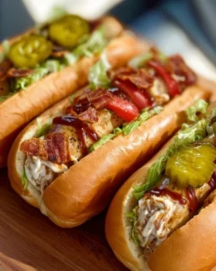 A delicious South Carolina Bird Dog Sandwich loaded with toppings and served on a bun.