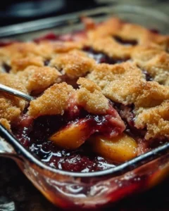 Delicious Southern mixed fruit cobbler with a golden crust and colorful fruit filling.