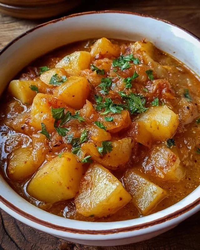 Delicious Southern stewed potatoes prepared in a rustic dish.
