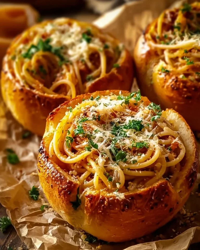 Spaghetti garlic bread bowls filled with delicious pasta sauce