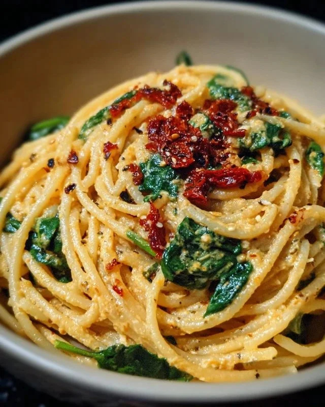 Bowl of spaghetti spinach with sun-dried tomato cream sauce