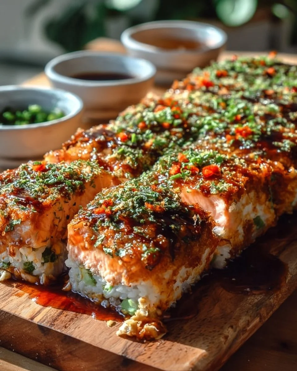 Baked spicy salmon sushi topped with avocado and seaweed on a plate