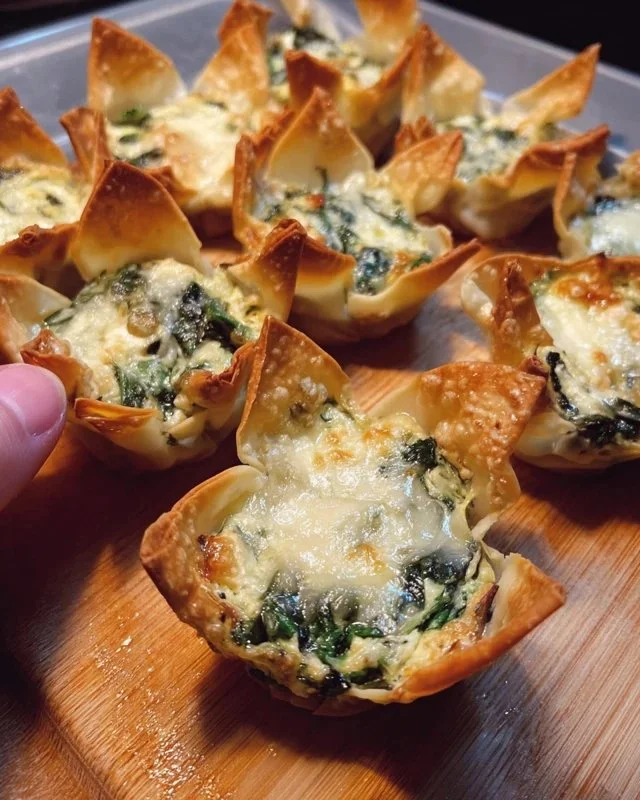 Spinach and artichoke wonton cups served on a platter