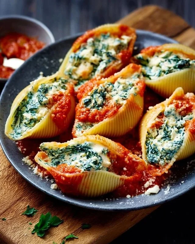 Baked Spinach and Ricotta Stuffed Shells topped with marinara sauce