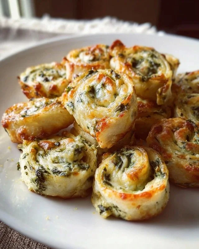 Spinach dip pinwheels served as bite-sized appetizers on a platter.