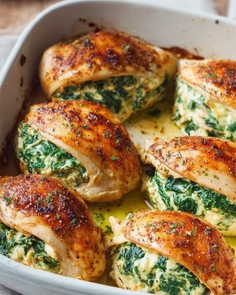 Spinach stuffed chicken breasts served on a plate with vegetables