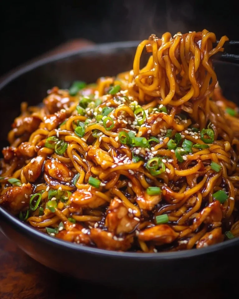 Sticky garlic chicken noodles garnished with fresh herbs
