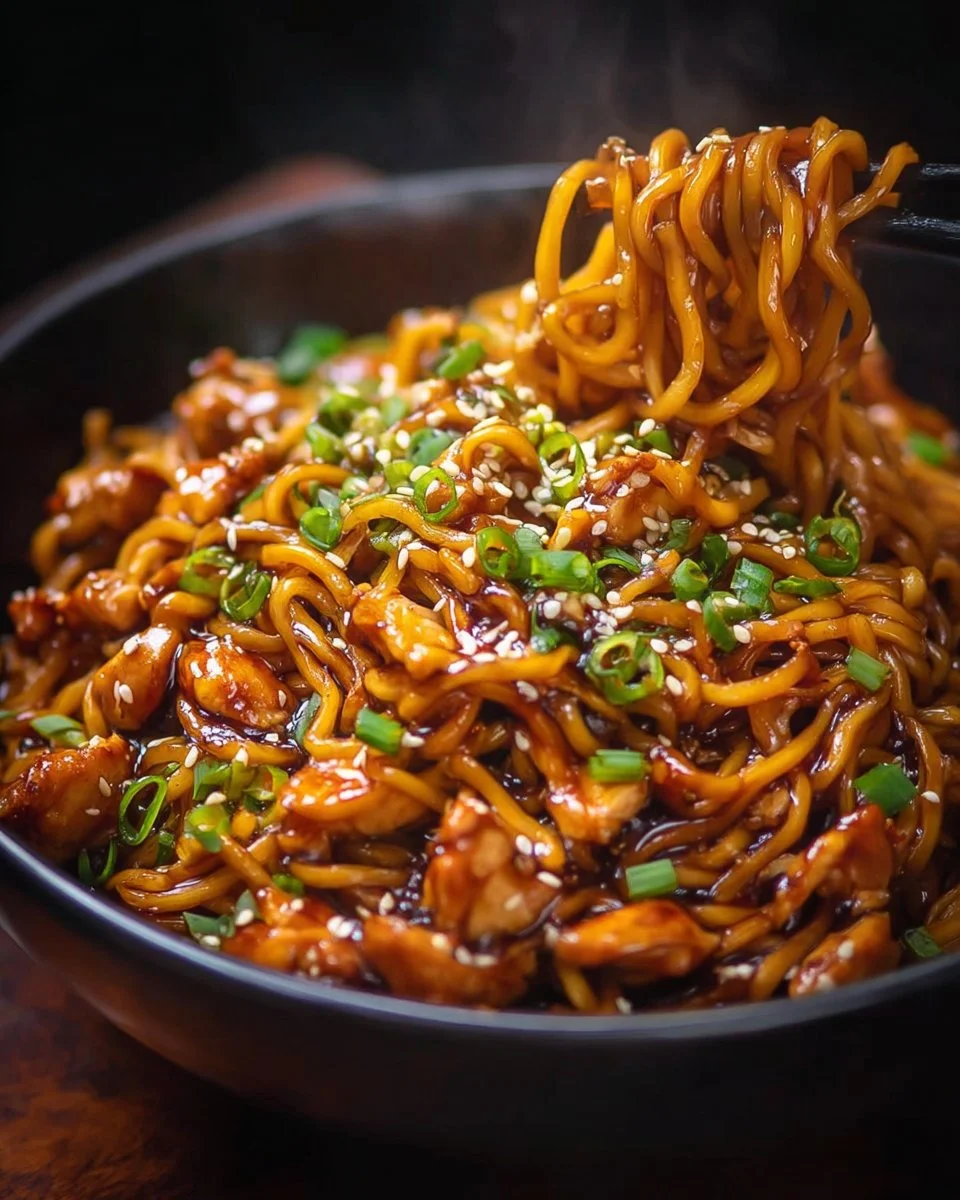 Sticky garlic chicken noodles garnished with fresh herbs