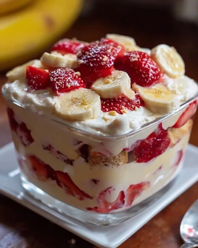 Delicious strawberry banana pudding served in a bowl with fresh strawberries.