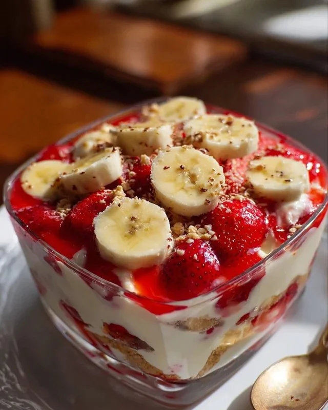 Delicious strawberry banana pudding in a glass dish topped with fresh strawberries and bananas.