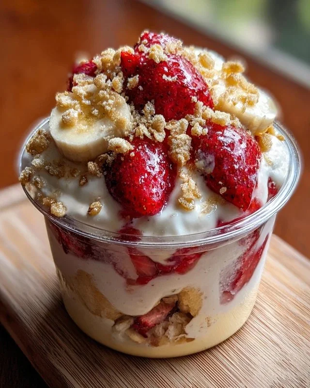 Delicious Strawberry Crunch Banana Pudding served in a glass dish