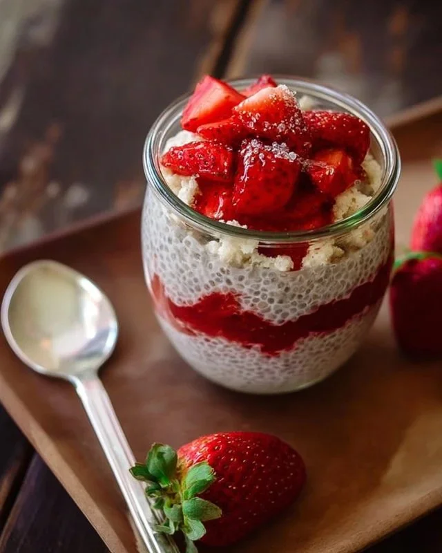 Strawberry Shortcake Chia Pudding topped with fresh strawberries and whipped cream