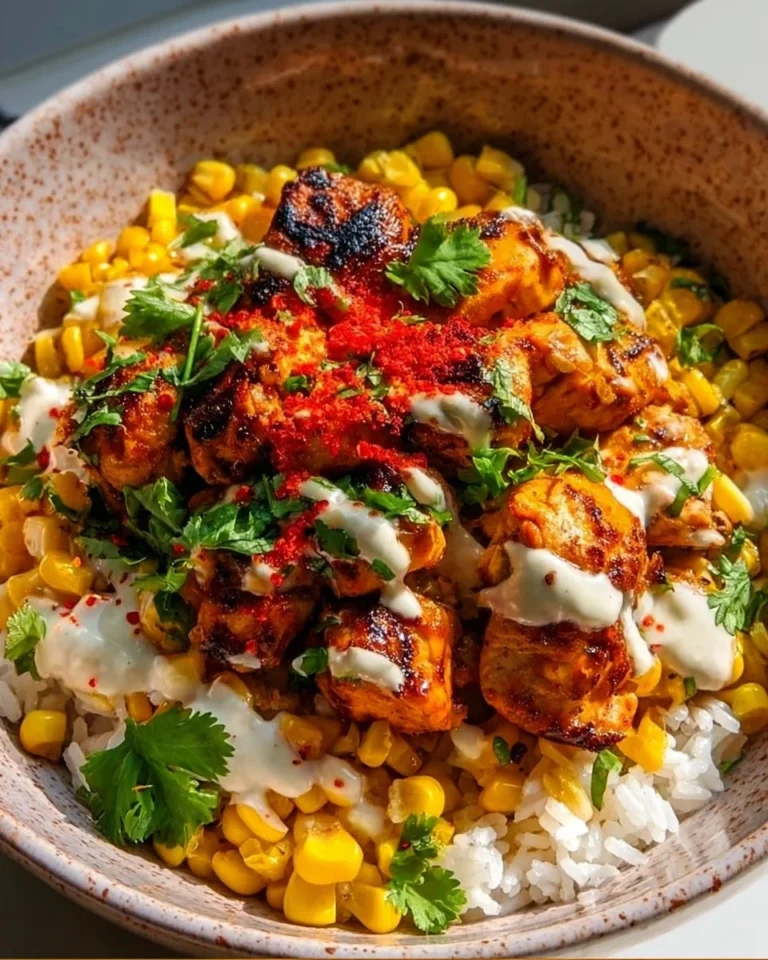 Delicious Street Corn Chicken Rice Bowl with grilled chicken, corn, and rice
