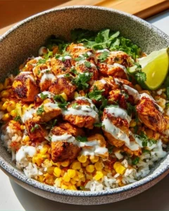 Street Corn Chicken Rice Bowl with chicken, corn, and rice