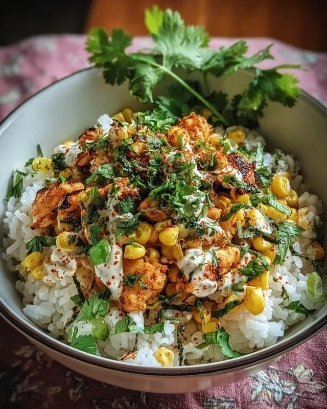 Delicious Street Corn Chicken Rice Bowl with vibrant toppings and flavors