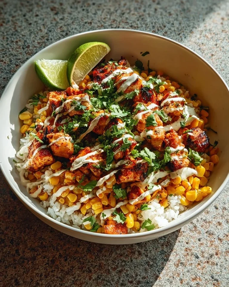 Delicious Street Corn Chicken Rice Bowl with chicken, rice, and street corn topping.