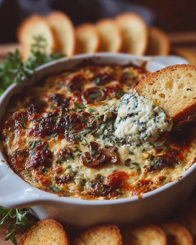 Delicious stuffed mushroom dip served in a bowl with crackers and vegetables.