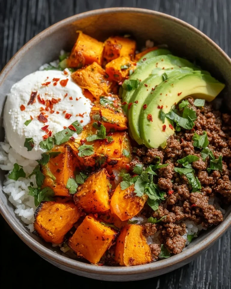 Delicious sweet potato taco bowl with colorful toppings and ingredients