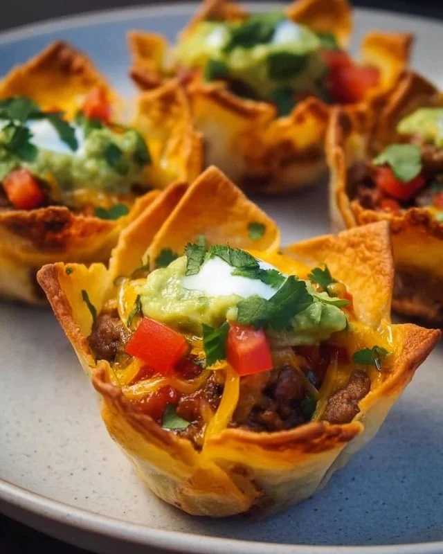 Delicious taco cups filled with toppings, perfect for appetizers or snacks
