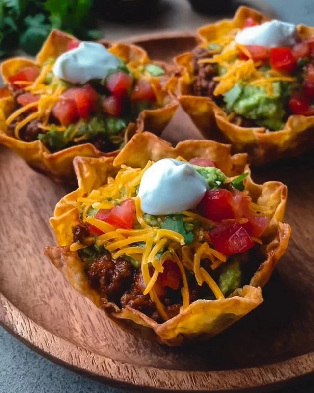 Plate of delicious taco cups filled with seasoned meat and toppings