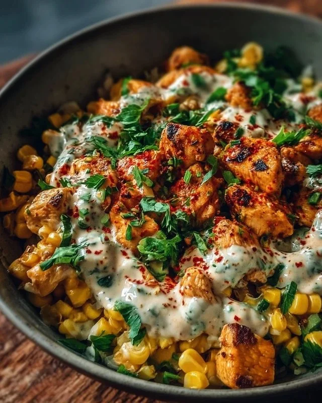 Delicious street corn chicken bowl topped with creamy sauce and smoky spices.
