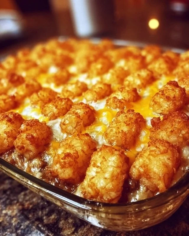 Delicious Tater Tot Casserole topped with melted cheese and crunchy tater tots.