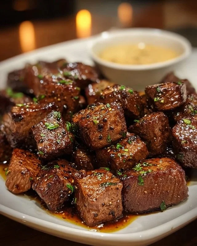 Delicious Texas Roadhouse steak bites served on a wooden plate