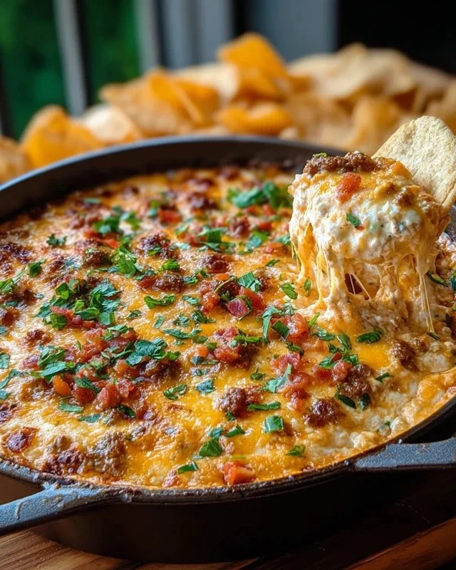 A bowl of Texas Trash Dip with chips, showcasing its bold and cheesy texture.