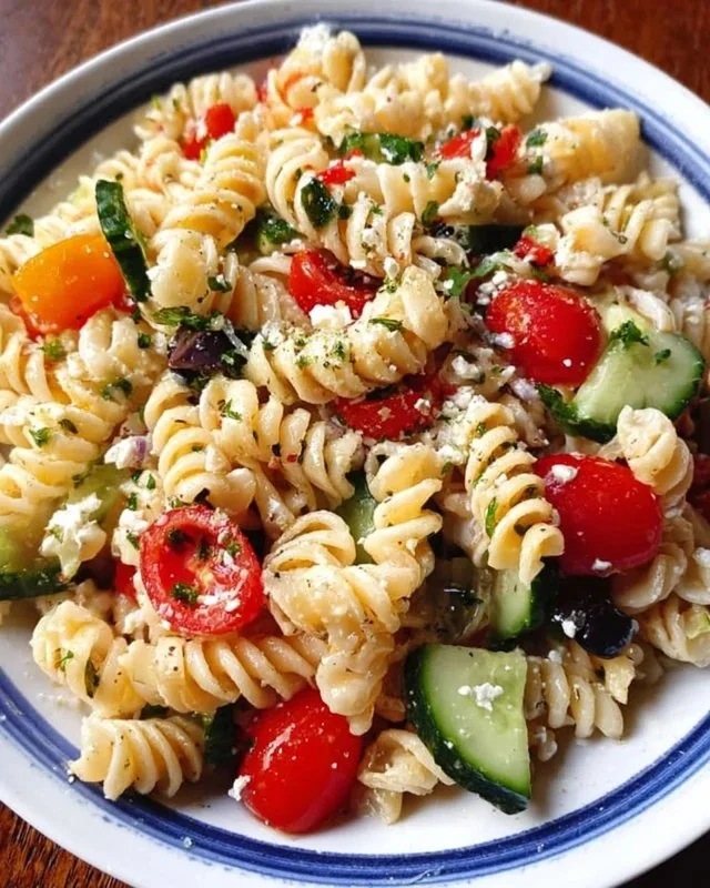 Colorful bowl of pasta salad with Italian dressing and fresh vegetables.