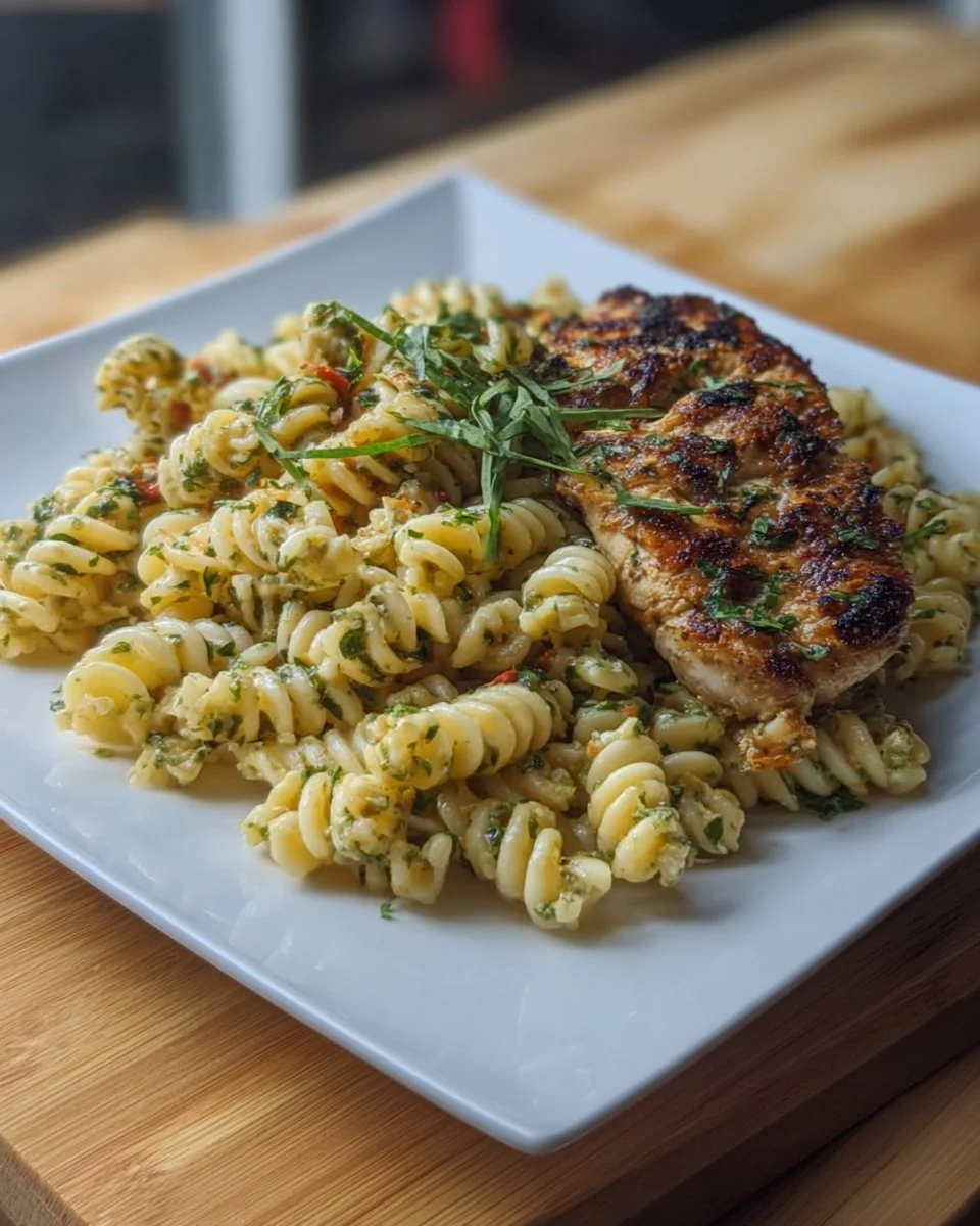 Plate of creamy garlic parmesan chicken pasta garnished with parsley