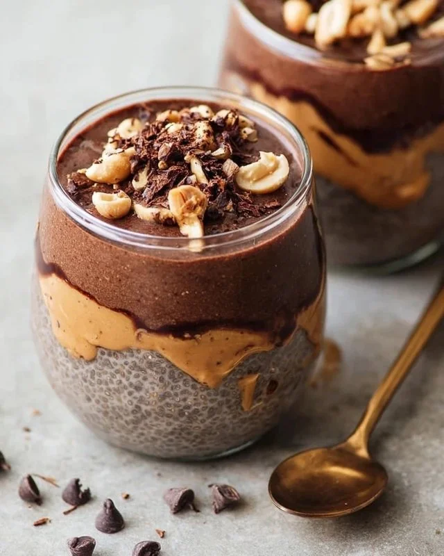 Peanut butter chocolate chia pudding in a glass topped with chocolate shavings