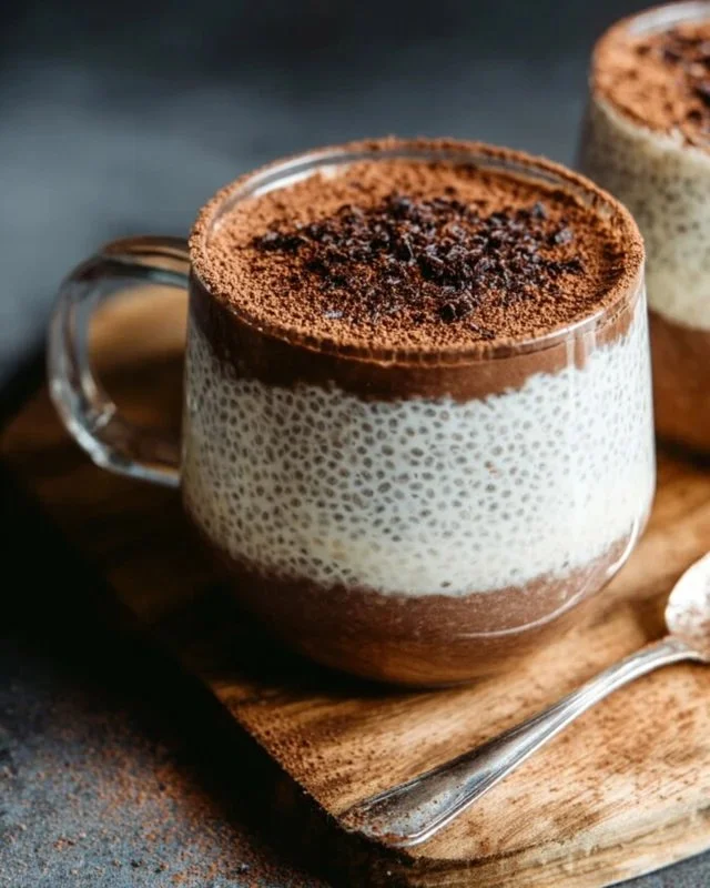 Delicious tiramisu chia pudding topped with Greek yogurt and cocoa powder
