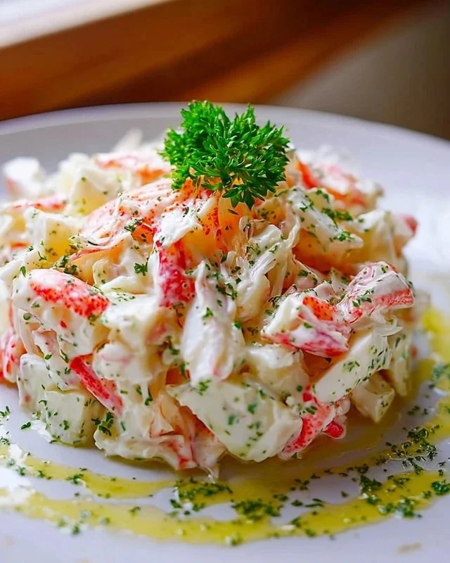 Delicious ultimate crab salad served in a bowl garnished with fresh herbs