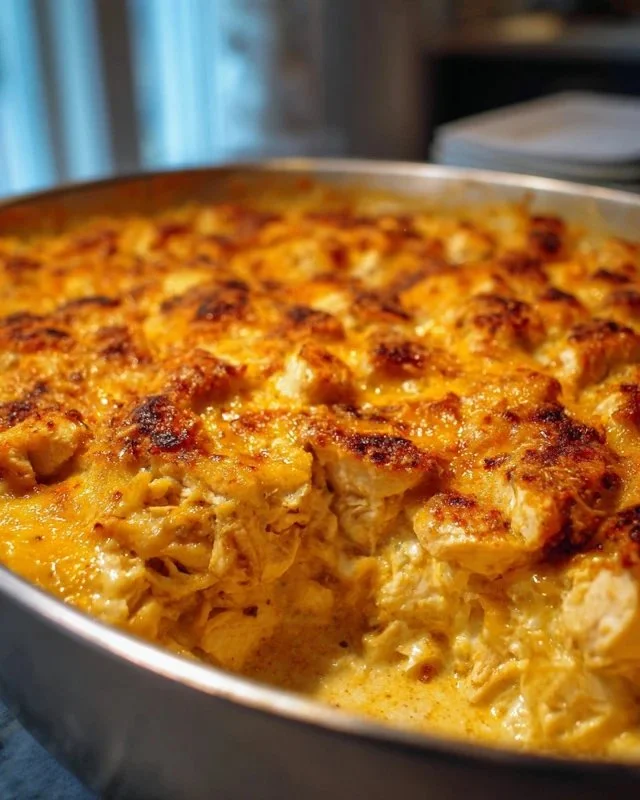 Delicious Million Dollar Chicken Casserole with melted cheese and crisp toppings