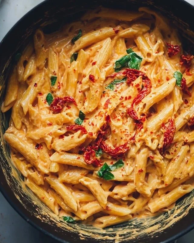 Vegan creamy sun dried tomato pasta garnished with fresh herbs