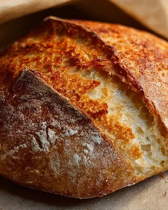 A loaf of artisan no-knead yeast bread fresh out of the oven