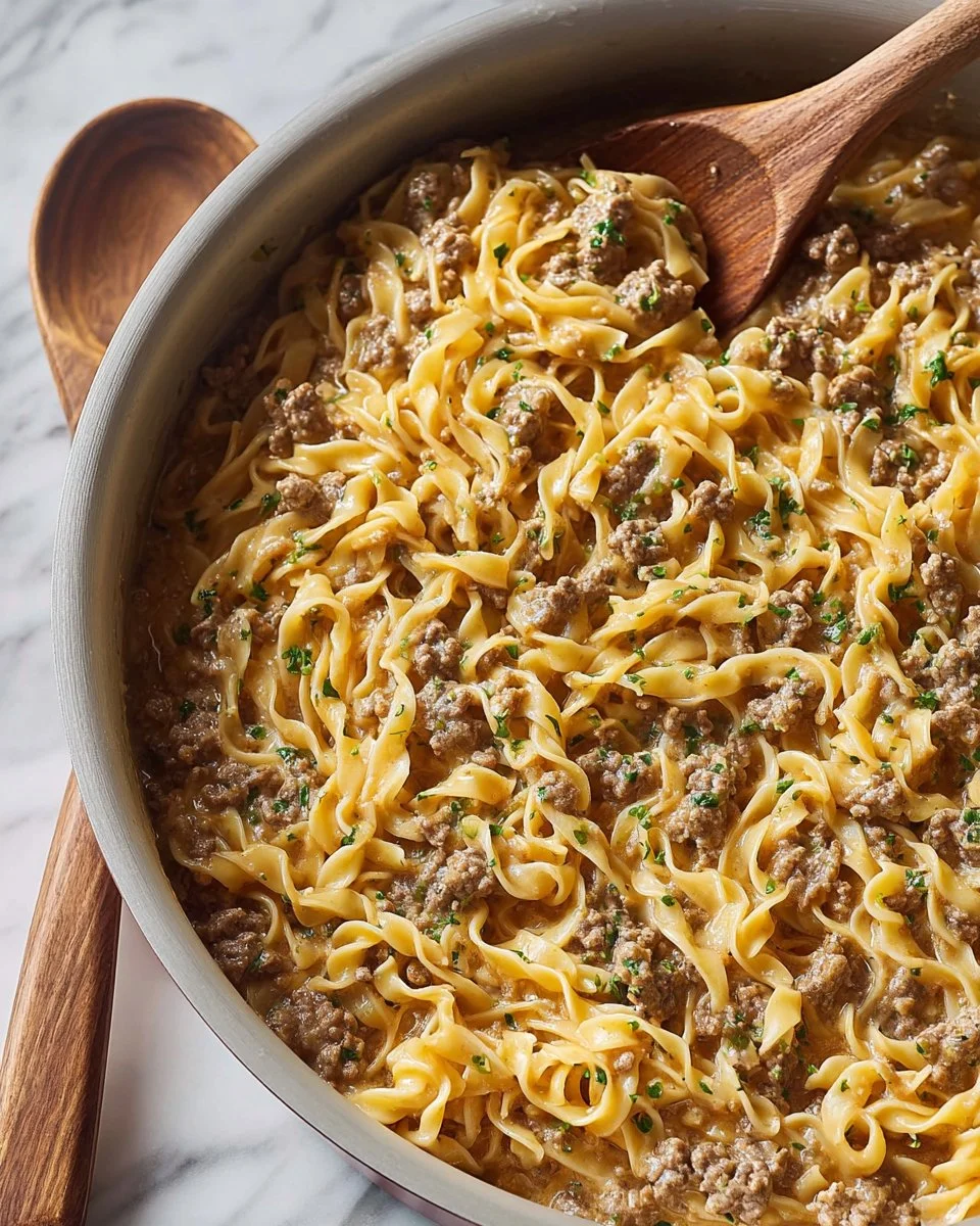 30-Minute Beef Stroganoff with ground beef served in a creamy sauce